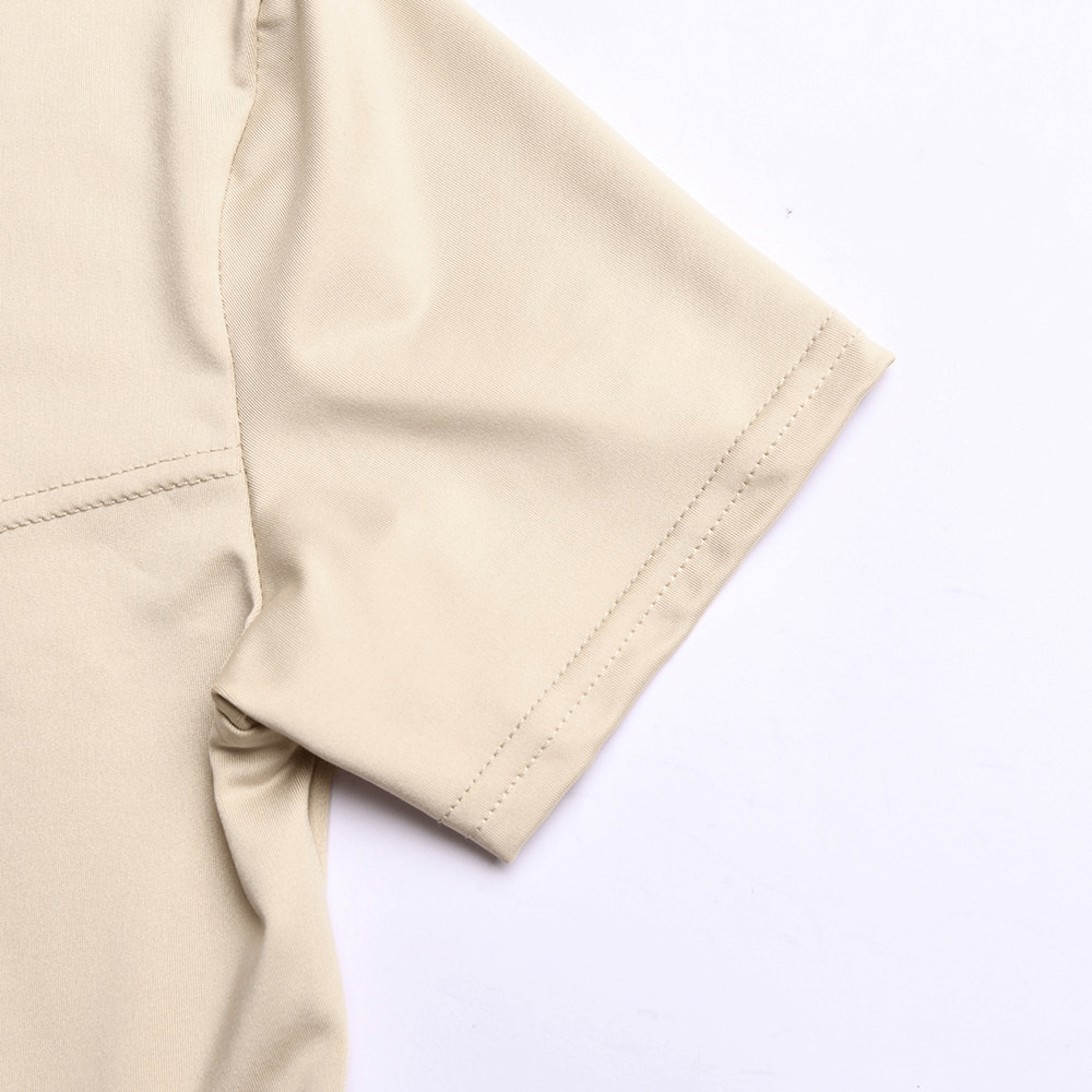 Close-up of a beige short sleeve detail on a slim-fit zipper bodysuit with o-neck design.